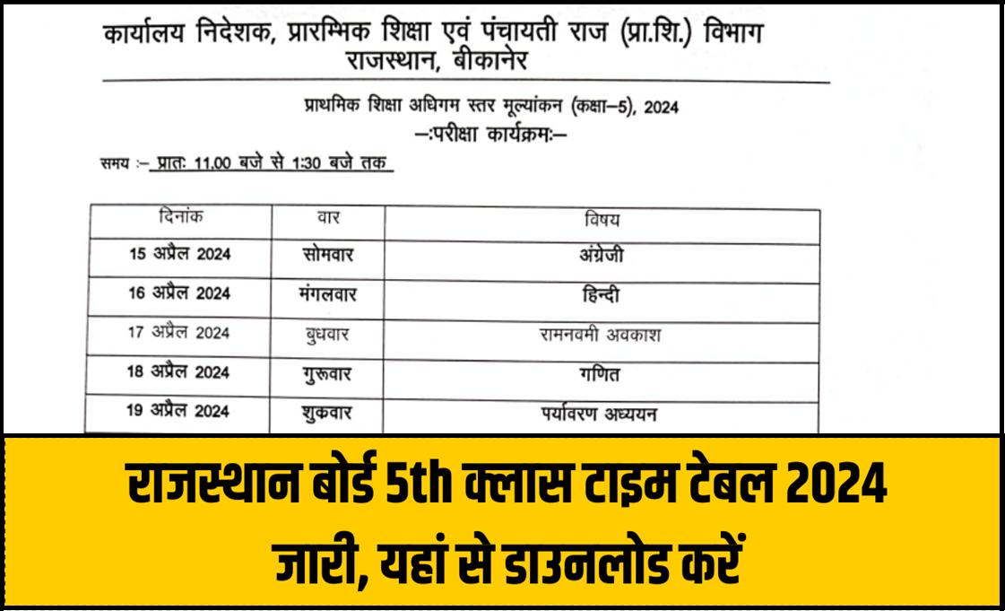 Rajasthan Board 5th Class Time Table